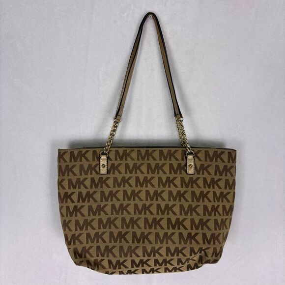 Michael Kors Brown Monogram Large Shoulder Purse with Gold Straps - Picture 1 of 13